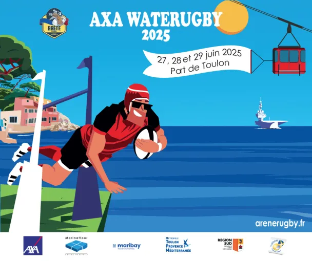 Sur l'affiche montrant un rugbyman au-dessus de l'eau, il est écrit "Axa Waterugby 2025"