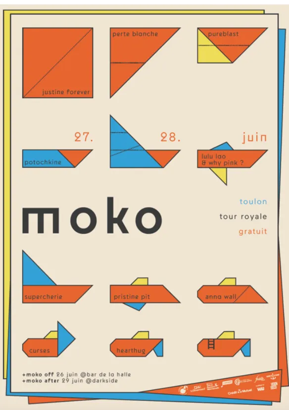 Affiche annonçant les dates du festival MOKO (27, 28 et 29 juin 2025), décorée avec des formes géométriques bleues, jaunes et orange