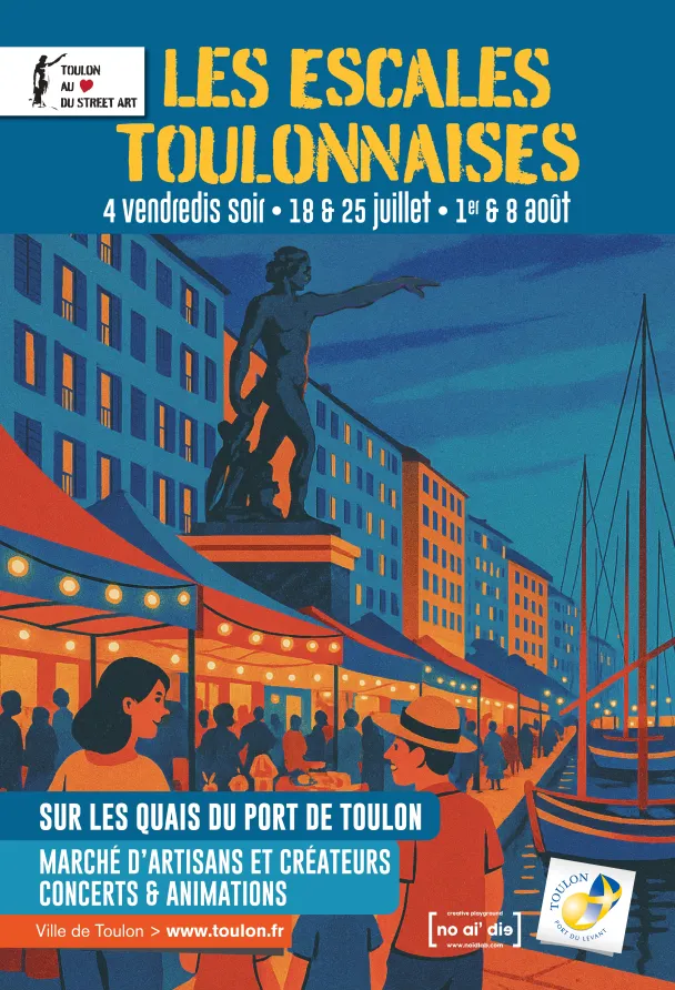 Affiche annonçant les Escales toulonnaises les 18 & 25 juillet, 1er & 8 août