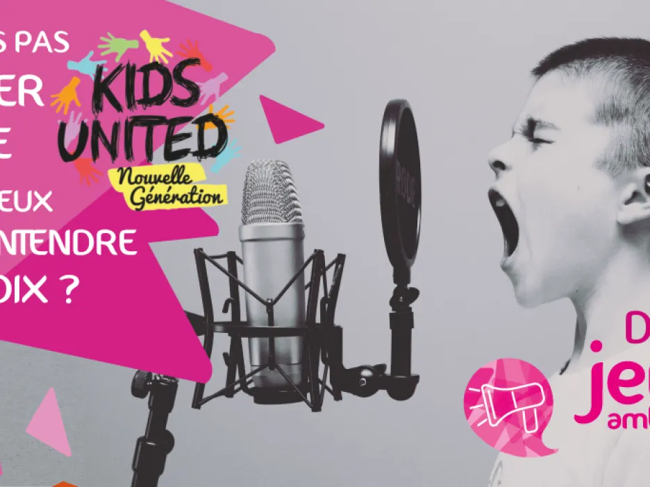 Affiche illustrant un enfant chantant près d'un micro. On peut y lire  le texte suivant : "Tu ne sais pas chanter comme tu veux mais tu veux faire entendre ta voix ? Deviens jeune ambassadeur unicef""
