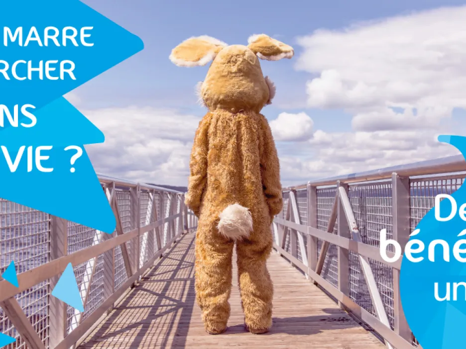 Affiche illustrant une personne de dos déguisée en lapin. On peut y lire le texte suivant "T'en as marre de chercher un sens à ta vie ? Deviens bénévole unicef"